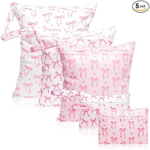 R HORSE 5Pcs Waterproof Baby Diaper Bag, Cute Pink Bow Wet Dry Bag with Handle Zipper Toiletry Organizing Pouches for Cloth Diapers Swimsuits Travel Beach Pool Essentials for Boys Girls