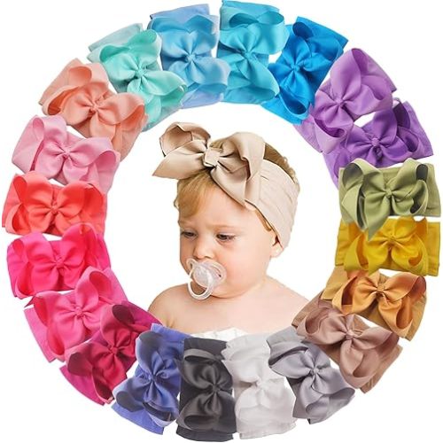 Yxiang 20pcs Baby Headbands with 6" Big Elastics Nylon Ribbon Bows Hair Accessories for Newborns, Infants, Toddlers, Kids