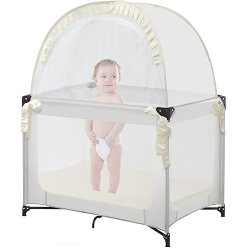 Pack N Play Tent, Baby Crib Tent to Keep Baby from Climbing Out, Pop Up Crib Net for Pack and Plays, Mini Cribs & Play Yards, See-Through & Breathable Mesh Crib Canopy, Beige, R07s-beige