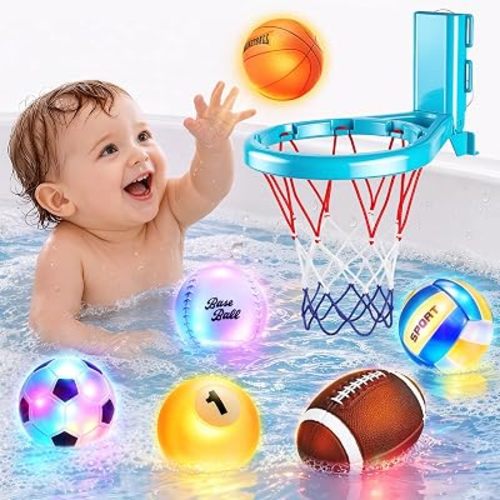 Bath Toys, Light Up Bath Toy for Toddlers 1-3, 6 Packs with Basketball Hoop