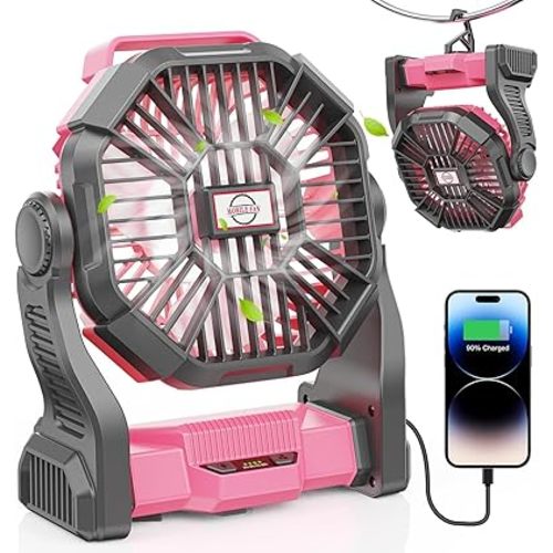 DOWILLDO 20000mAh Portable Battery Powered Camping Fan - with LED Light, Quiet Battery Operated, Camping Gear for Travel, Tent, Beach, Car or Hurricane Power Outages, Pink