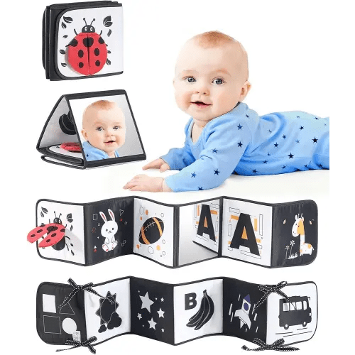 High Contrast Black and White Baby Toys for Newborn 0-6 Months – Contrast Cards & Sensory Baby Book with Mirror – Tummy Time Infant Toys for Visual Stimulation, Early Learning & Brain Development