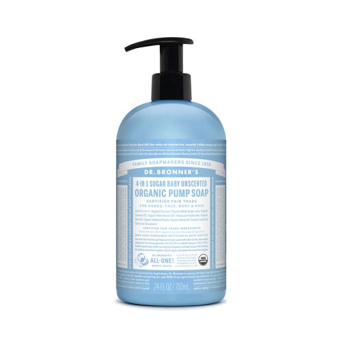 Dr. Bronner’s Organic Baby Unscented Sugar Soap. 4-in-1 Organic Pump Soap for Home and Body (24 oz).