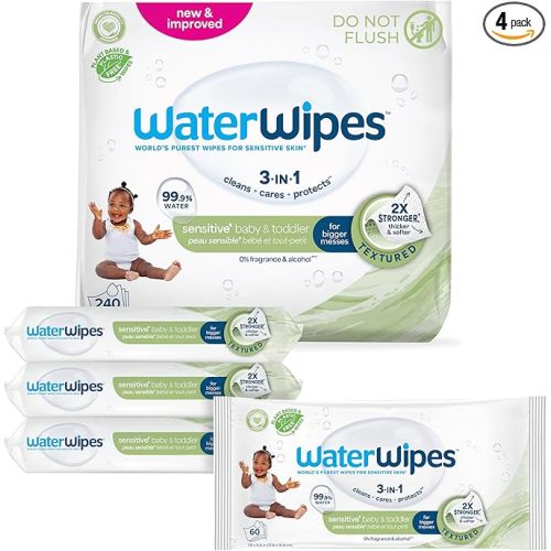 WaterWipes Sensitive+ Baby & Toddler Wipes, 3-In-1 Cleans, Cares, Protects, 99.9% Water, Textured Clean, Unscented & Hypoallergenic, 240 Count (4 Packs)