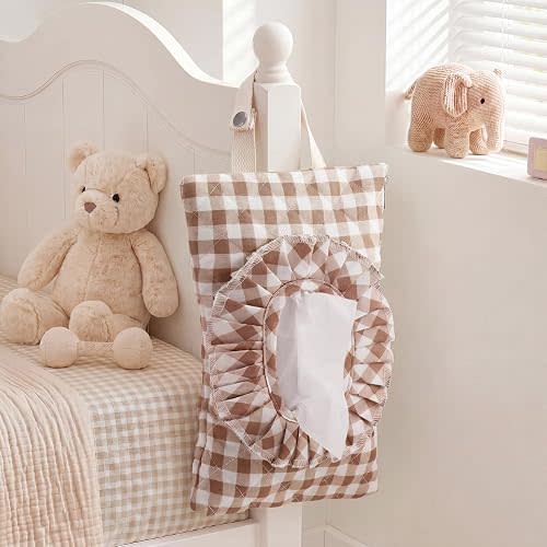 Klyyo Clyro Quilted Diaper Wipes Pouch Ruffle Gingham Wipe Holder Portable Hanging Diaper Wet Tissues Bags Reusable Fabric Wipe Cover with Zipper & Lanyard for Stroller, Outdoor Travel