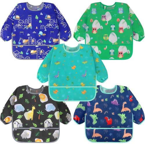 Accmor 5 Pack Long Sleeve Bibs, Baby Smock Waterproof Sleeved Bib Smock for Baby Toddler 6-36 Months