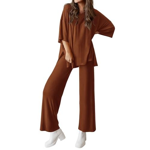 MASCOMODA Womens Summer 2 Piece Outfits Short Sleeve V Neck Tops Wide Leg Long Pants Casual Tracksuit Lounge Set