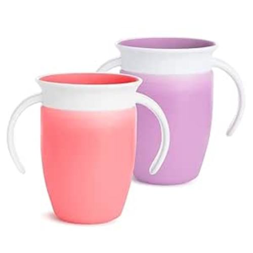 Munchkin Miracle 360 Sippy Cup for 6 Month Old, Spill Proof Baby and Toddler Cups with Transition Handles, 7 Ounce, 2 Pack, Pink/Purple
