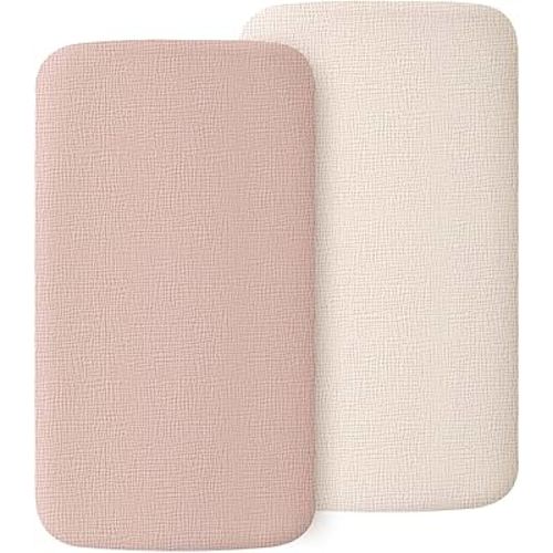 2 Pack Muslin Fitted Bassinet Sheets for Babies, Soft & Breathable 100% Cotton Bedside Sleeper Bassinet Sheet, Moses Basket Oval Rectangle Pad/Mattress
