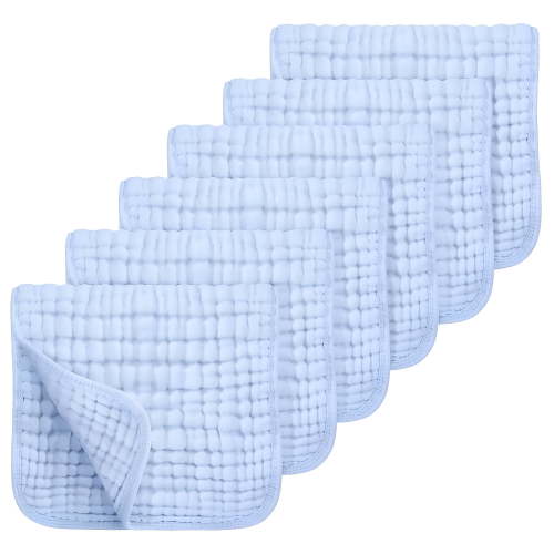 AUQ Muslin Burp Cloths 100% Cotton Muslin Cloths Large 20''X10'' Extra Soft and Absorbent 6 Pack Baby Burping Cloth for Boys and Girls (Blue)