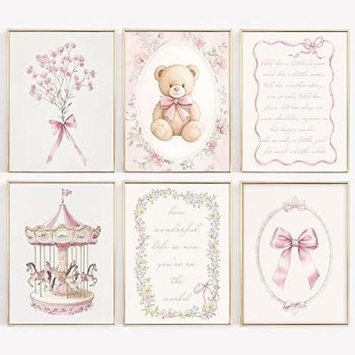 Pink Nursery Wall Art Baby Girl Canvas Wall Decor Girls Room Pictures Vintage Nursery Prints Kids Poster Cute Bear Artwork Floral Bow Painting for Bedroom Living Room 8x10 Inch Unframed Set of 6