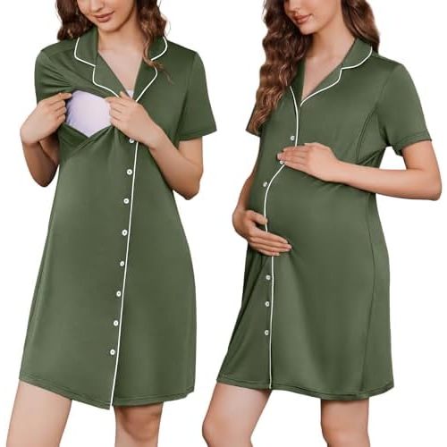 Ekouaer Button Down Nursing Nightgown V Neck Breastfeeding Dress Short Sleeve Classic Maternity Pajamas