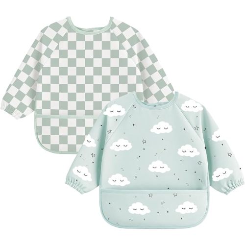 Bearmoss 2 Pack Long Sleeve Baby Bibs, Waterproof Smock Bibs for Eating