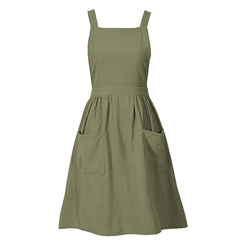 Pinknoke Cute Cotton Pinafore Aprons for Women with Pockets for Kitchen | Vintage Apron Dress,Adjustable Cross Back,2 Pockets,Long Straps,for Cooking Backing Gardening Painting Cleaning Gift Giving
