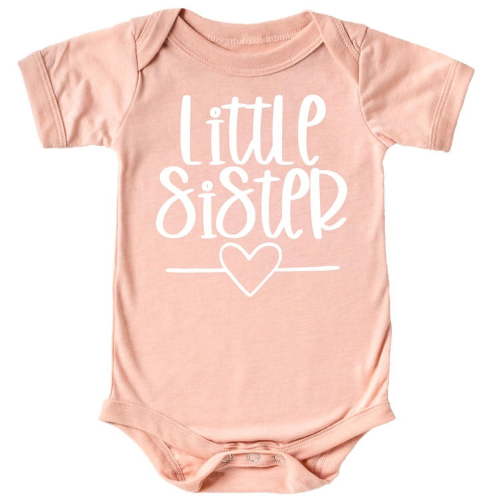 Olive Loves Apple Little Sister Heart Bodysuit for Baby Girls Sister Sibling Outfits White on Peach Bodysuit 12 Months