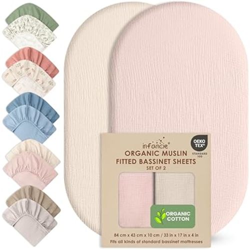100% Organic Cotton Muslin Baby Bassinet Baby Sheet 33 X 17 Inch Soft Breathable Lightweight Stretchable Bed Sheet 2 Pack Gentle On Skin Durable Snug Fit Sheet for Newborn Bassinet Mattress