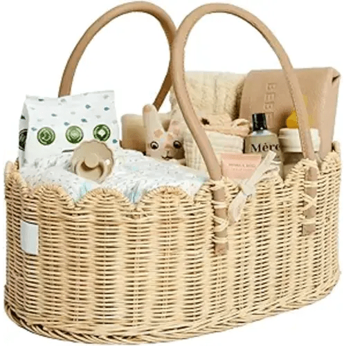 BEBE BASK Premium Baby Diaper Caddy Organizer - Handmade & Award-Winning Scalloped Rattan Basket - Luxury Diaper Caddy Basket - Elegant Scalloped Edge (Natural)