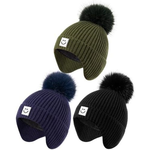 3 Pack Baby Winter Hats with Earflaps, 2 Size Kids Pom Pom Beanie for Infant Toddler Children, Smiley Face Hat for Girls Boys