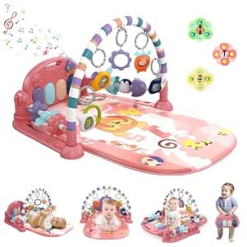 Baby Gym Play Mat, Piano Kick and Play Lights and Music Tummy Time Toys Infant Musical Activity Gym Mat for Visual, Hearing, Sensory, Gift Suitable for Newborns Aged 0 to 3 6 9 12 Months (Pink)