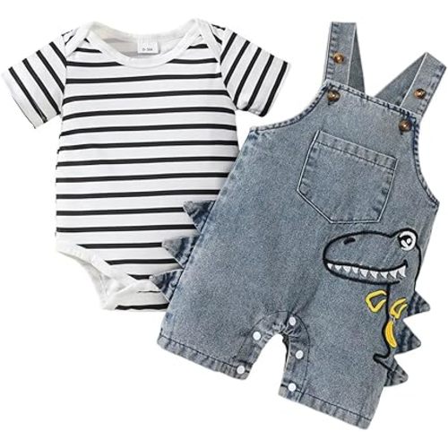Baby Boy Clothes Summer Outfits Infant Short Sleeve Striped Romper Cute Dinosaur Jeans Suspender Overalls 0-18 Months