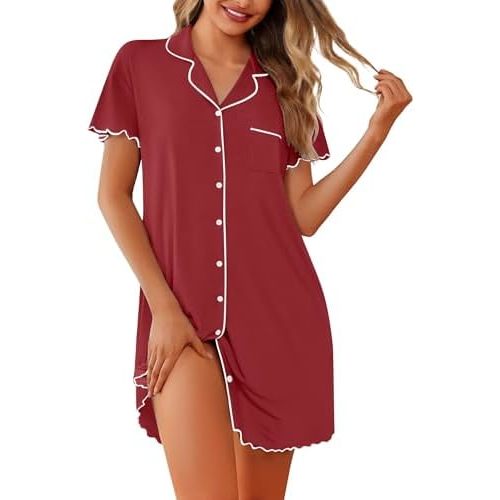 Ekouaer Nightgowns for Women Button Down Sleep Shirt Short Sleeve NightShirts Boyfriend Sleepdress Soft Pajama Dress