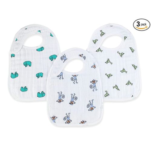 aden + anais Snap Bib; 100% Cotton Muslin; Soft Absorbent 3 Layers; Adjustable; 9'' X 13''; 3 Pack; Jungle Jam; Elephants and Monkeys