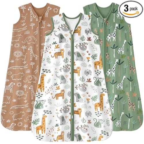 Baby Sleep Sack 0-6 months, 100% Cotton Sleeping Sack for Newborn and Infant, 3 Pack Baby Wearable Blanket for Boy and Girl, 0.5 Tog Lightweight Double Zipper Sleep Bag Green Brown Giraffe