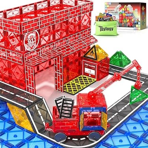 Magnetic Tiles Road Set with Magnetic Crane Edition Car Toys, Magnet Building City Fire Kids Toys for 3 4 5 6 7 Years Old Boys Girls, Magworld Kids Games Construction STEM Toys for Boys Girls Gifts
