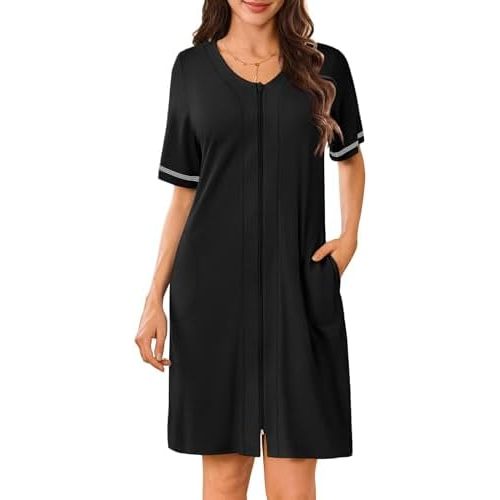 Ekouaer Women Zipper Robes Short Sleeves Housecoat Lightweight Bathrobes Zip Up Robe Casual Nightgown with Pockets S-2XL