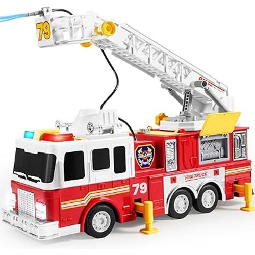 Extra Large Toddler Fire Truck Toys for Boys with 33-inch Ladder, Realistic Sirens, Lights & Sprinkler Pump, Big Firetruck Emergency Vehicle, Kids Toys for Age 3, 4, 5, 6, 7, Christmas Birthday Gift