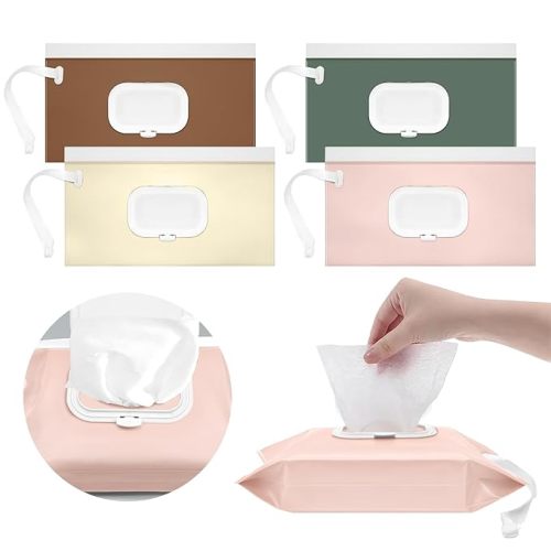 4 Pack Baby Wipes Dispenser [New Version-One Press Open],Portable Wipe Pouch,Refillable Wipe Holder, Baby Wipes Container Reusable Wet Wipes Bags Pouch for Travel (C)