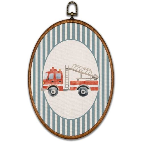 BCUANGD Vintage Fire Fighting Truck Oval Wall Art Decor - Retro Vehicle Nursery Wall Art Canvas Frame Artwork Prints, Kids Transport Oval Wall Hanging Decorations for Home Bedroom, 8.6"x11.4"
