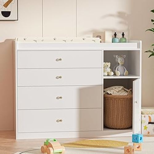 Nursery Dresser Changing Table Dresser with Changing Table Top Baby Diaper Changing Station with 5 Drawers for Infants Chest Storage Changing Station Nursery Organizer,White