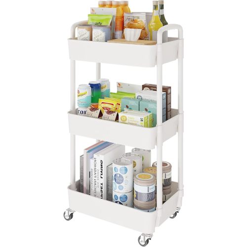 Laiensia 3-Tier Rolling Cart with Wheels,Multifunction Utility Storage Carts, Kitchen Storage Organizer,Mobile Shelving Unit for Bathroom,Laundry,with Classified Stickers,White