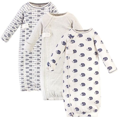 Touched by Nature Baby Boy Organic Cotton Zipper Long-Sleeve Gowns 3pk, Hedgehog Side Zipper