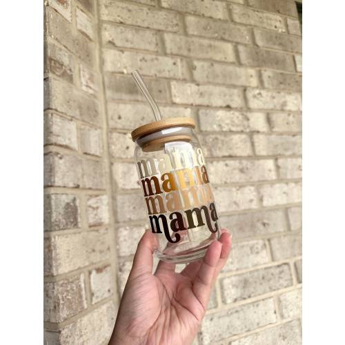Mama Glass Cup, Mother's Day Gift, Mama Cup with Lid and straw, Gift for her, Birthday Gift for Mom, Mom Coffee Cup, Mama Glass Tumbler,