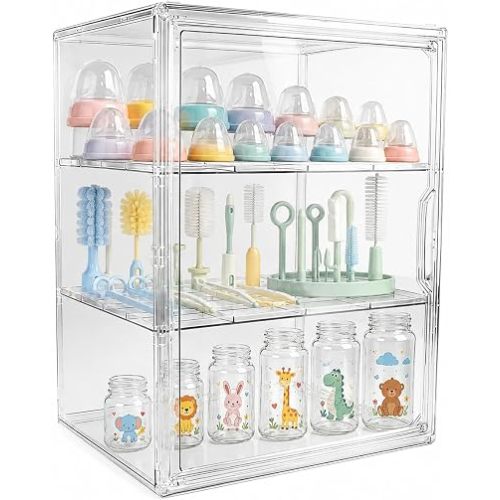 Baby Bottle Organizer, 3 Tiers Adjustable Clear Acrylic Bottles Storage Station Case Box Container, Clear Plastic Bottle Station Organizer for Kitchen Cabinet, Pump Parts, Pantry, Vanity Countertop