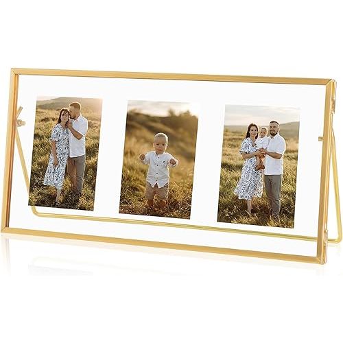 Gold Floating Picture Frame, Tempered Glass Floating Frames Fit for 3-Photo 2x3, Vintage Gold Collage Picture Frame for Tabletop Display (Horizontal)