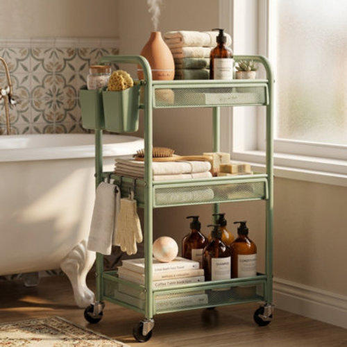 Furnihome Inc 3 Tier Metal Rolling Storage Cart with Hanging Cups, Hooks & Mesh Basket for Kitchen Office Art | Wayfair