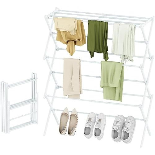 Foldable Drying Rack Clothing, 3-Tier Portable Clothes Drying Racks for Indoor & Outdoor, Anti-rust Compact Laundry Rack Collapsible, Compact Size, 15 lbs Max Load, White 28"D x 10"W x 35"H