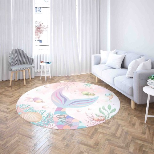Personalised Mermaid Round Rug, Under the Sea Nursery Carpet, Underwater Animals Home Decor, Kids Room Circle Playmat, Kids Birthday Gift