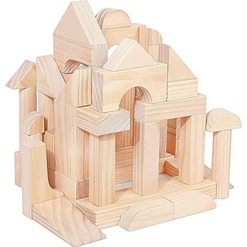 Large Wooden Building Blocks Set - Educational Preschool Learning Toys with Wooden Storage Box, Toddler Blocks Building and Stacking Toys for 3+ Year Old Boy and Girl Gifts