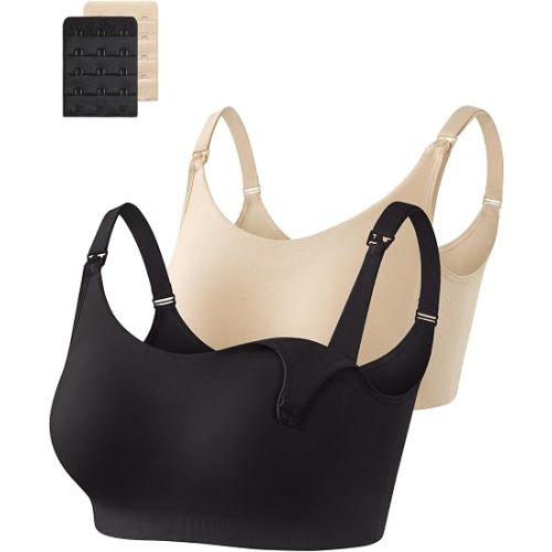 OUGES Women's Cotton 2 Pack Maternity Nursing Bras Breastfeeding Seamless Wireless Sleep Bralette with Extra Extenders