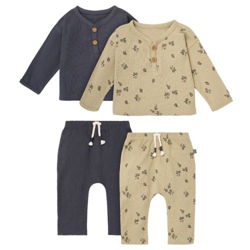 Modern Moments by Gerber Baby Boys' 4-Piece Henley Top With Pants, Olive and Gray, 12 Months