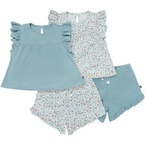 Modern Moments by Gerber Baby Girls' 4-piece Set (2 Flutter Sleeve Top & 2 Ruffle Wide Leg Short)