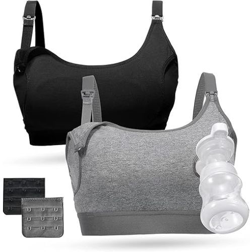 Momcozy Pumping Bra Hands Free, Pumping and Nursing Bra in One Holding Breast Pump for Spectra, Lansinoh, Medela, Black,grey-2pk, Medium
