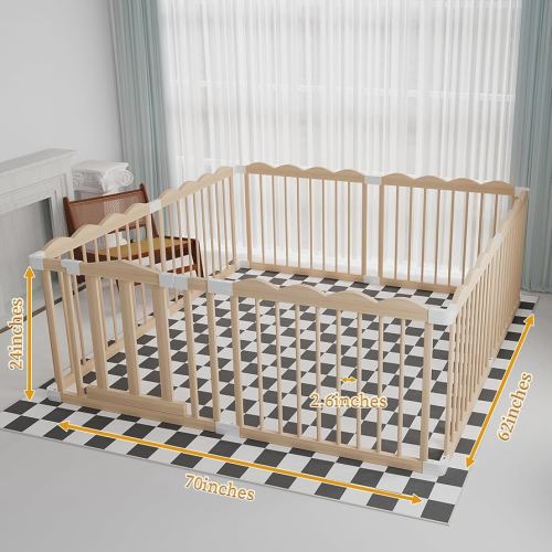 Baby Playpen, Wooden Playpen for Babies and Toddlers, Large Adjustable Wooden Baby Playard with Locking Gate, Easy to Assemble, Portable Play Pen, Infant Play Pen Play Area(62x70x24 Inch)