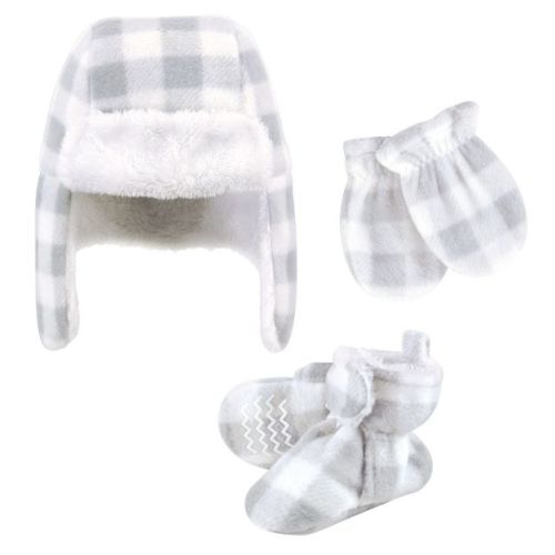 Hudson Baby Infant Baby Trapper Hat, Mitten and Bootie Set, Gray White Plaid, 6-12 Months