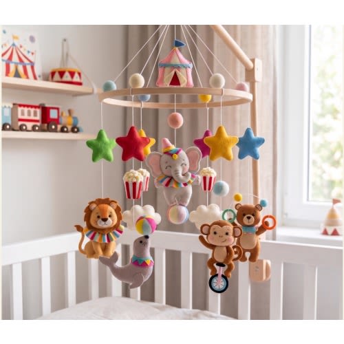 Circus Baby Mobile, Colorful Felt Crib Mobile with Elephant Lion Monkey, Carnival Nursery Decor, Unique Baby Shower Gift, Newborn Present