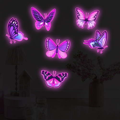 Purple Butterfly Wall Decals Pink Luminous Stickers Glow in the Dark Effect Peel and Stick for Bedroom Living Room DIY Decorative